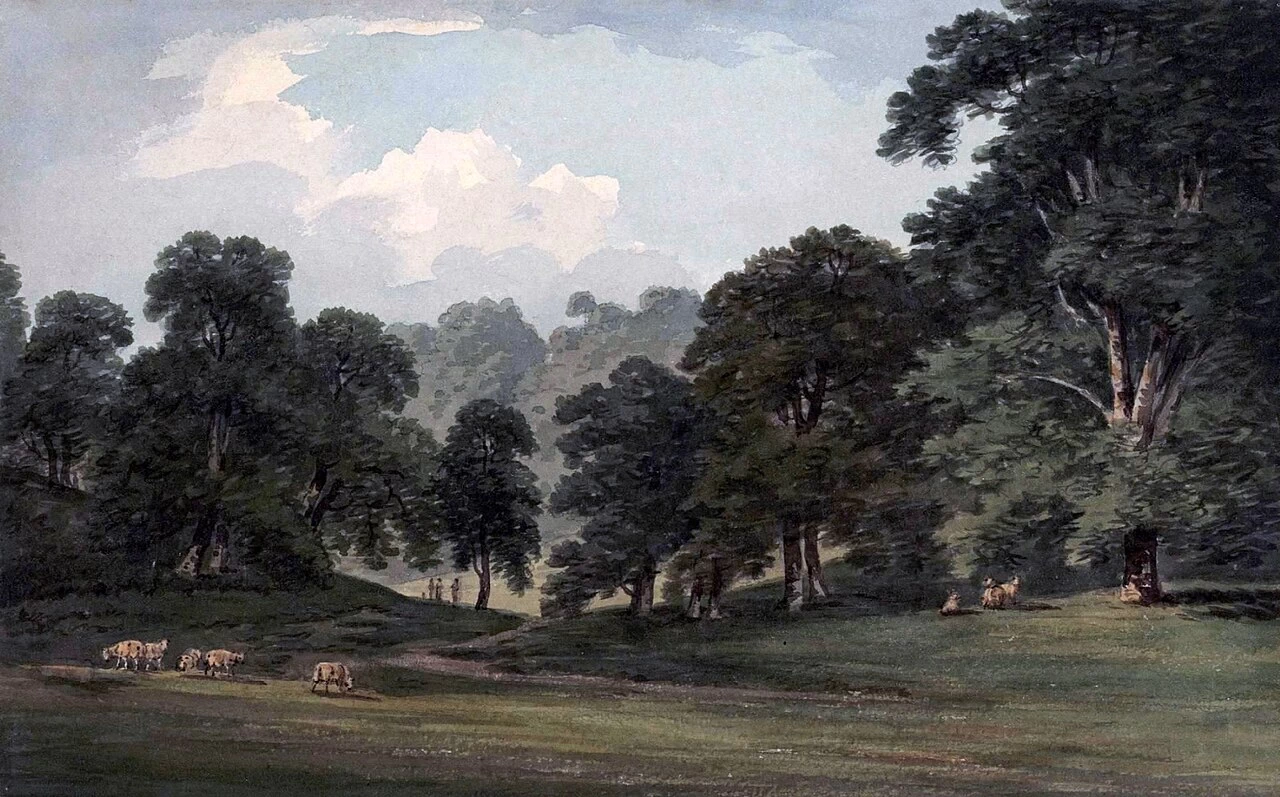 Vista nella valle a Foxley la sede di Uvedale Price, vicino a Hereford
